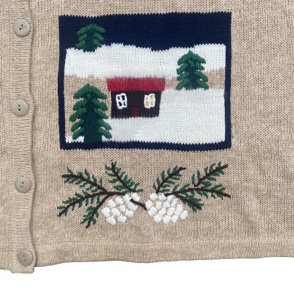 Embroidered Ugly Christmas Sweater Tan Button Grandmacore Winter Holiday-3X - Picture 2 of 10